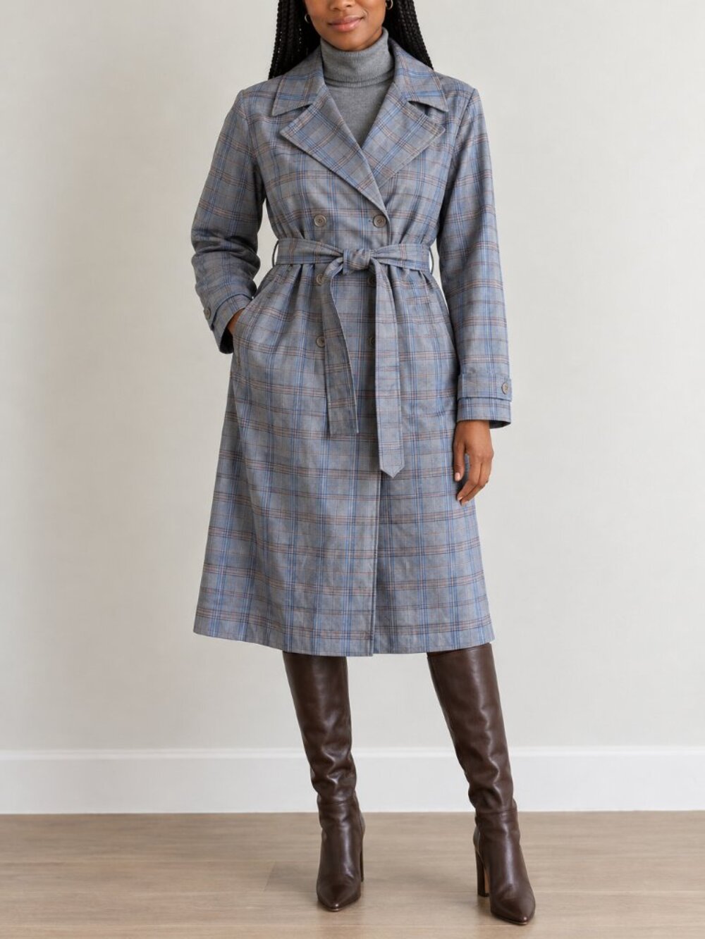 NWT Bagatelle trench L plaid grey brown blue